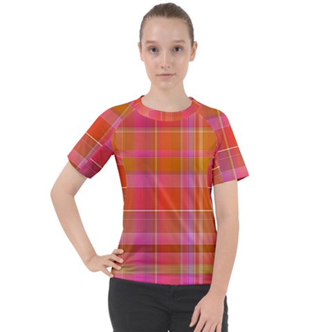 Pink Orange Madras Plaid Women s Sport Raglan Tee by SpinnyChairDesigns