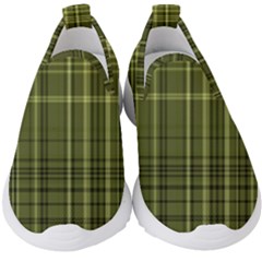 Green Madras Plaid Kids  Slip On Sneakers by SpinnyChairDesigns