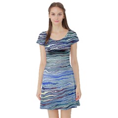 Blue Abstract Stripes Short Sleeve Skater Dress by SpinnyChairDesigns