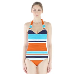 Tri Color Stripes Halter Swimsuit by tmsartbazaar