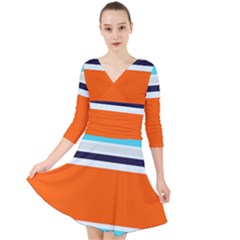 Tri Color Stripes Quarter Sleeve Front Wrap Dress