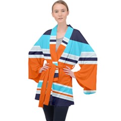 Tri Color Stripes Long Sleeve Velvet Kimono  by tmsartbazaar