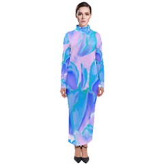 Ciclamen Flowers Blue Turtleneck Maxi Dress