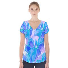 Ciclamen Flowers Blue Short Sleeve Front Detail Top