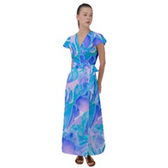 Ciclamen Flowers Blue Flutter Sleeve Maxi Dress