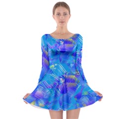 Blue Abstract Floral Paint Brush Strokes Long Sleeve Skater Dress by SpinnyChairDesigns