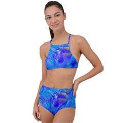 Blue Abstract Floral Paint Brush Strokes High Waist Tankini Set by SpinnyChairDesigns