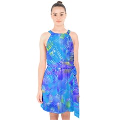 Blue Abstract Floral Paint Brush Strokes Halter Collar Waist Tie Chiffon Dress by SpinnyChairDesigns