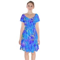 Blue Abstract Floral Paint Brush Strokes Short Sleeve Bardot Dress by SpinnyChairDesigns