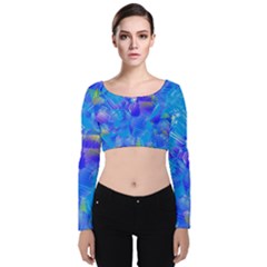 Blue Abstract Floral Paint Brush Strokes Velvet Long Sleeve Crop Top by SpinnyChairDesigns