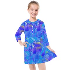 Blue Abstract Floral Paint Brush Strokes Kids  Quarter Sleeve Shirt Dress by SpinnyChairDesigns