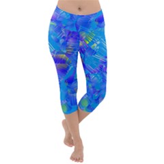 Blue Abstract Floral Paint Brush Strokes Lightweight Velour Capri Yoga Leggings by SpinnyChairDesigns