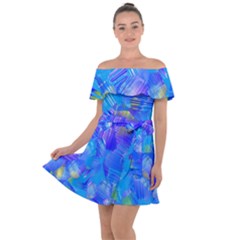 Blue Abstract Floral Paint Brush Strokes Off Shoulder Velour Dress by SpinnyChairDesigns