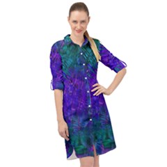 Indigo Abstract Art Long Sleeve Mini Shirt Dress by SpinnyChairDesigns