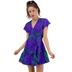 Indigo Abstract Art Flutter Sleeve Wrap Dress by SpinnyChairDesigns