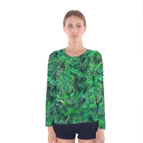 Jungle Green Abstract Art Women s Long Sleeve Tee by SpinnyChairDesigns