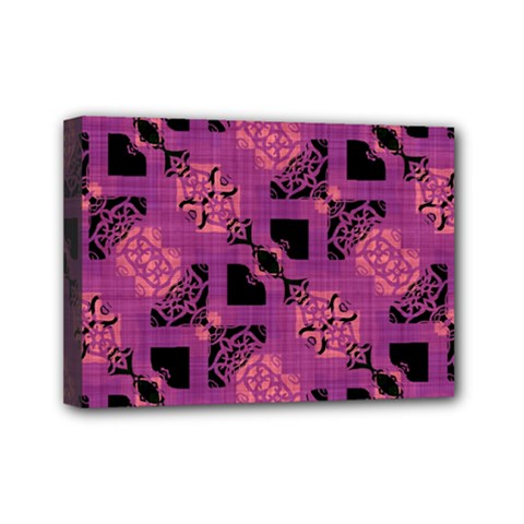 Fuchsia Black Abstract Checkered Stripes  Mini Canvas 7  X 5  (stretched) by SpinnyChairDesigns