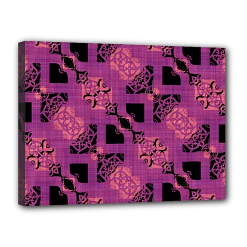 Fuchsia Black Abstract Checkered Stripes  Canvas 16  X 12  (stretched) by SpinnyChairDesigns