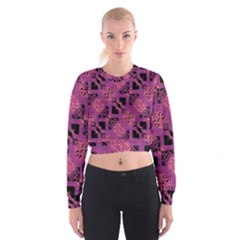 Fuchsia Black Abstract Checkered Stripes  Cropped Sweatshirt by SpinnyChairDesigns