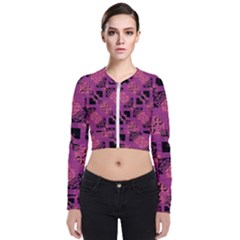 Fuchsia Black Abstract Checkered Stripes  Long Sleeve Zip Up Bomber Jacket by SpinnyChairDesigns