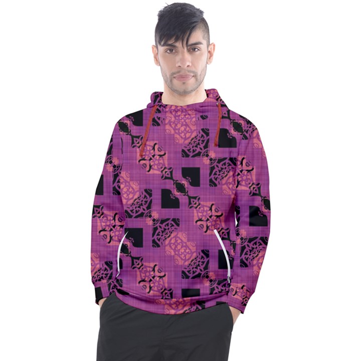 Fuchsia Black Abstract Checkered Stripes  Men s Pullover Hoodie