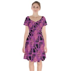 Fuchsia Black Abstract Checkered Stripes  Short Sleeve Bardot Dress