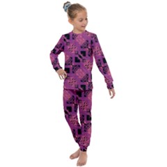 Fuchsia Black Abstract Checkered Stripes  Kids  Long Sleeve Set  by SpinnyChairDesigns