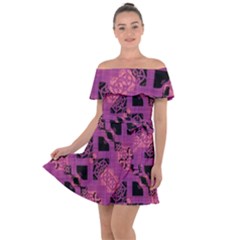 Fuchsia Black Abstract Checkered Stripes  Off Shoulder Velour Dress