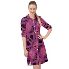 Fuchsia Black Abstract Checkered Stripes  Long Sleeve Mini Shirt Dress by SpinnyChairDesigns