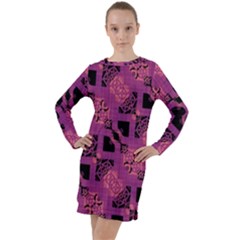 Fuchsia Black Abstract Checkered Stripes  Long Sleeve Hoodie Dress by SpinnyChairDesigns