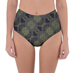 Grey Green Black Abstract Checkered Stripes Reversible High-waist Bikini Bottoms by SpinnyChairDesigns