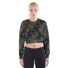 Grey Green Black Abstract Checkered Stripes Cropped Sweatshirt by SpinnyChairDesigns