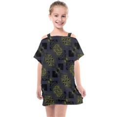 Grey Green Black Abstract Checkered Stripes Kids  One Piece Chiffon Dress by SpinnyChairDesigns