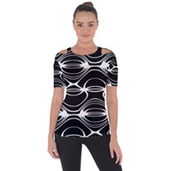 Black And White Clam Shell Pattern Shoulder Cut Out Short Sleeve Top by SpinnyChairDesigns