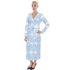 Blue And White Clam Shell Stripes Velvet Maxi Wrap Dress by SpinnyChairDesigns
