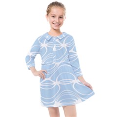 Blue And White Clam Shell Stripes Kids  Quarter Sleeve Shirt Dress by SpinnyChairDesigns