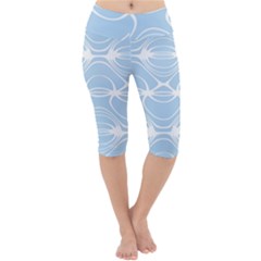 Blue And White Clam Shell Stripes Lightweight Velour Cropped Yoga Leggings by SpinnyChairDesigns