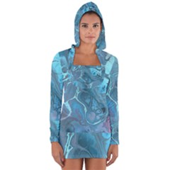 Blue Marble Abstract Art Long Sleeve Hooded T-shirt by SpinnyChairDesigns