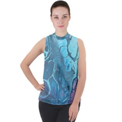 Blue Marble Abstract Art Mock Neck Chiffon Sleeveless Top by SpinnyChairDesigns