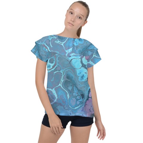 Blue Marble Abstract Art Ruffle Collar Chiffon Blouse by SpinnyChairDesigns