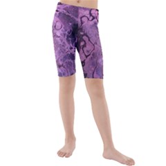 Amethyst Violet Abstract Marble Art Kids  Mid Length Swim Shorts by SpinnyChairDesigns