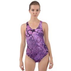 Amethyst Violet Abstract Marble Art Cut-out Back One Piece Swimsuit by SpinnyChairDesigns
