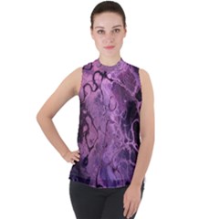Amethyst Violet Abstract Marble Art Mock Neck Chiffon Sleeveless Top by SpinnyChairDesigns