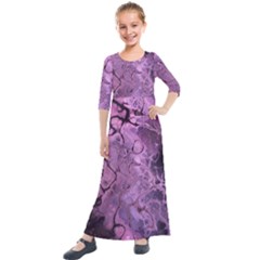 Amethyst Violet Abstract Marble Art Kids  Quarter Sleeve Maxi Dress by SpinnyChairDesigns