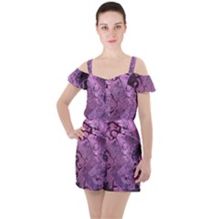 Amethyst Violet Abstract Marble Art Ruffle Cut Out Chiffon Playsuit by SpinnyChairDesigns