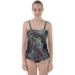 Black Green Grey Abstract Art Marble Texture Twist Front Tankini Set by SpinnyChairDesigns