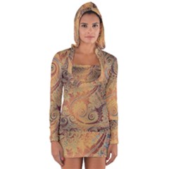 Terra Cotta Persian Orange Spirals Swirls Pattern Long Sleeve Hooded T-shirt by SpinnyChairDesigns