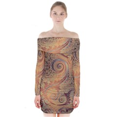 Terra Cotta Persian Orange Spirals Swirls Pattern Long Sleeve Off Shoulder Dress by SpinnyChairDesigns