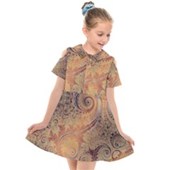 Terra Cotta Persian Orange Spirals Swirls Pattern Kids  Short Sleeve Shirt Dress by SpinnyChairDesigns