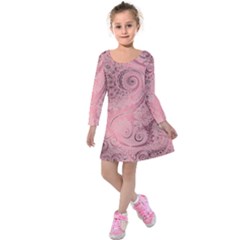 Orchid Pink And Blush Swirls Spirals Kids  Long Sleeve Velvet Dress by SpinnyChairDesigns